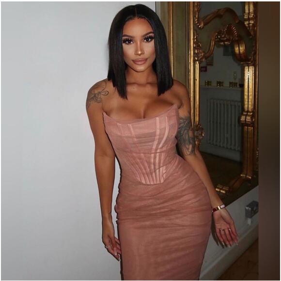 House of CB Leila Strapless Blush Mesh Shirred Bodycon Mini Dress Cream Size XS